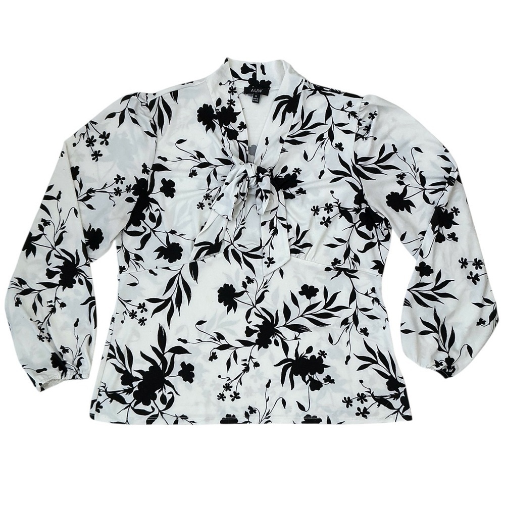 AUW Tie Front Blouse Long Sleeve Bold Floral Black White Women's Top Size XL - Picture 10 of 16